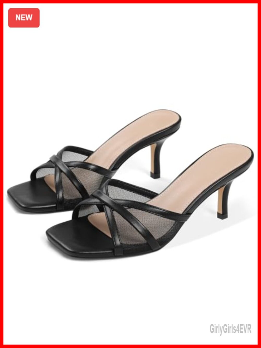 Kitten Heel Mesh Mule Sandals Square Open Toe Slip On Dress Heels